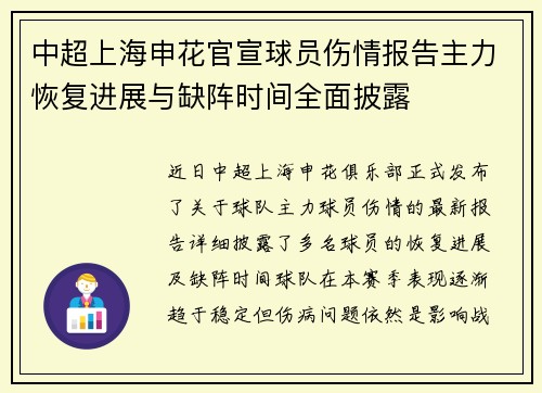 中超上海申花官宣球员伤情报告主力恢复进展与缺阵时间全面披露